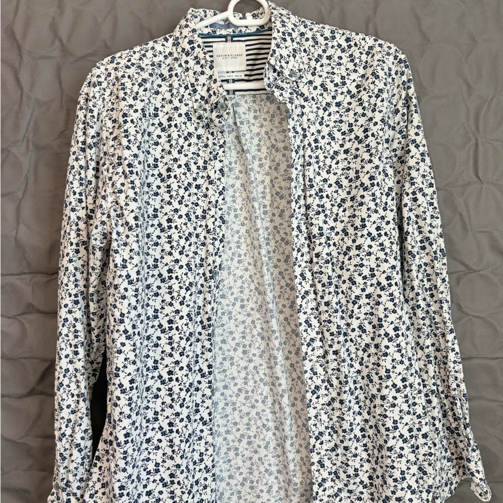 Denim & Flower White Shirt with Navy Floral Print